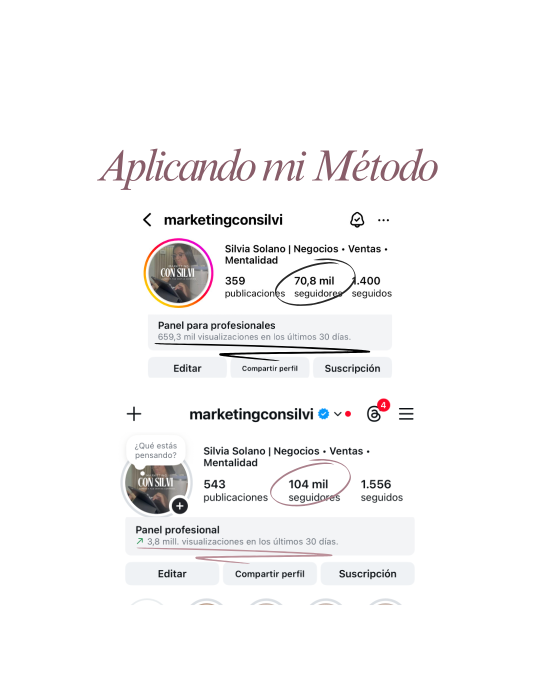 Resultados de la cuenta de Silvi aplicando su método: de 70,8 mil a 104 mil seguidores